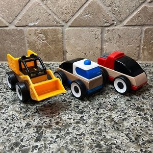 Wood and Plastic Toy Cars - Ambulance, Front Loader and Race Car